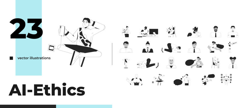 AI influence on human behavior and digital interaction outline illustrations bundle. Robots and modern diverse people daily 2D linear images isolated. Collection black and white vector drawings