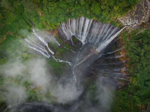 Aerial view of Tumpak Sewu Waterfall in Java Indonesia