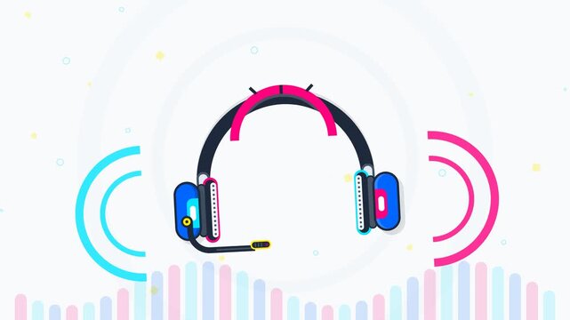 Colorful Gaming Headset with Microphone and Audio Waves Flat Illustration for Streaming Communication and Podcasting Concept