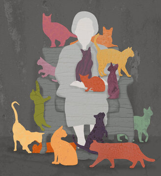 Vector illustration of woman sitting with multiple cats at home