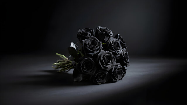 A stunning bouquet of elegant black roses on a dark background.