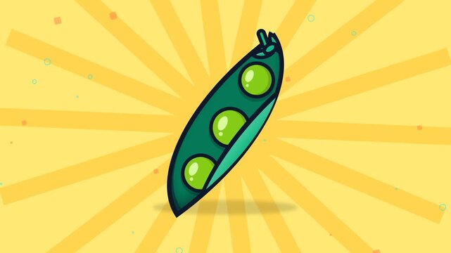 Cartoon Green Pea Pod with Three Peas on Vibrant Yellow Sunburst Background Illustration