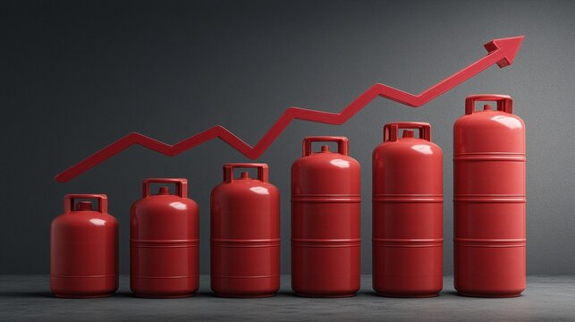 Row of red gas cylinder showing rising price trend over time, symbolizing increasing gas utility bill and energy cost impact.