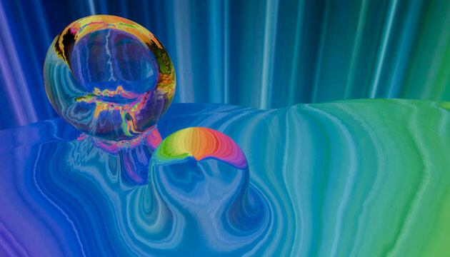 Colorful abstract bubbles on a dynamic fluid surface with reflections