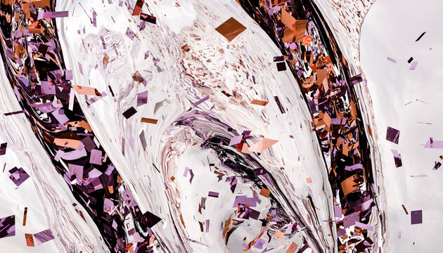 Abstract fluid marble texture with floating metallic confetti