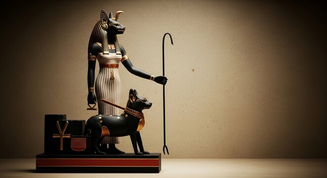 Ancient Egyptian Goddess Bastet Black Gold Statue Cat Scepter Ankh Hieratic Figurine Beige Background