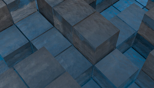Abstract 3d rendering of blue concrete blocks in a grid pattern