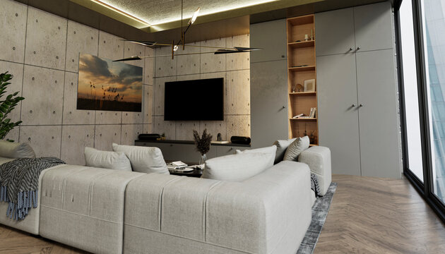 Modern minimalistic living room interior with concrete wall