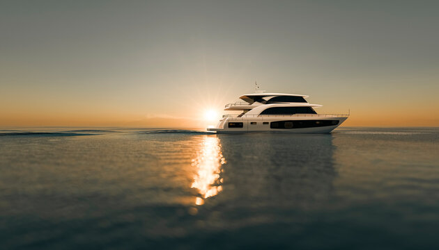 Luxury yacht on a calm sea at sunset with sun reflection