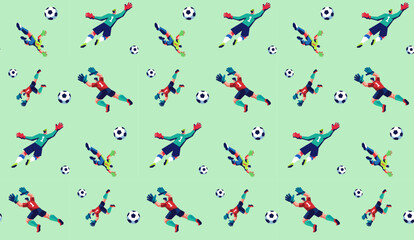 Soccer Goalkeeper Pattern with Flat Vector Football Players Diving to Catch Balls on Green Background for Sports Textile and Wallpaper Design © thebaikers