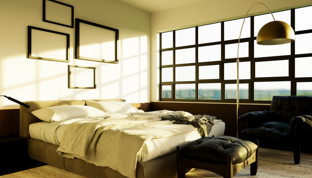 Modern minimalist bedroom interior bathed in warm morning sunlight