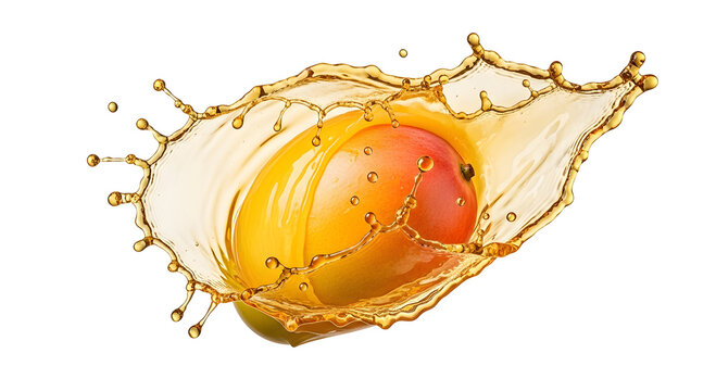 Whole Ripe Mango Submerged in Golden Juice Splash Isolated on White Background