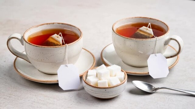 Two ceramic cups filled with hot tea and tea bags sit beside sugar cubes and a spoon on a light surface. Minimal composition conveys calm, daily routine, and simple comfort.