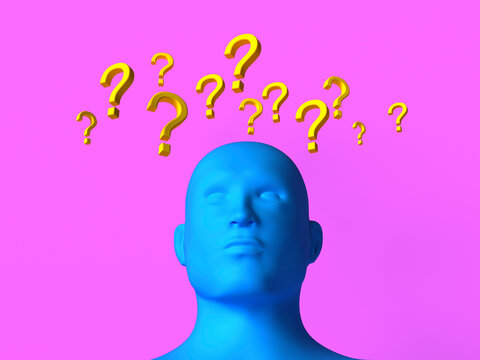 Blue 3d bust with yellow question mark on pink background