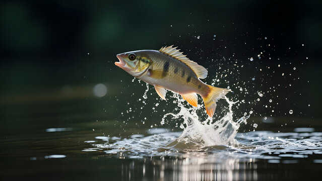 European perch jumping out of water with splash.