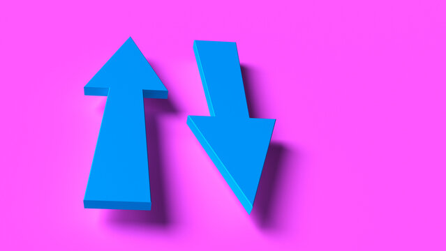 Two blue 3d arrows pointing up and down on pink background