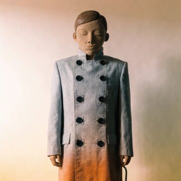 Wooden puppet, ventriloquist's dummy, gray coat, brown hair, decorative figure