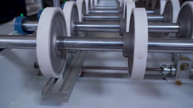 Industrial roller conveyor system with white plastic wheels on metal shafts