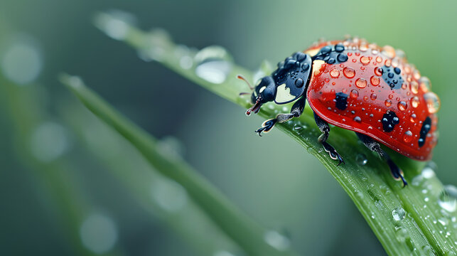 Ladybug on dewy green leaf, macro insect photography with water droplets