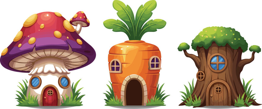 Fantasy fairy tale houses set with mushroom, carrot, and tree homes illustrating whimsical architecture, magical village, and cartoon vector illustration