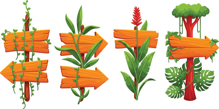 Wooden arrow signs with tropical plants and vines set illustrating jungle direction boards, nature elements, and decorative vector illustration