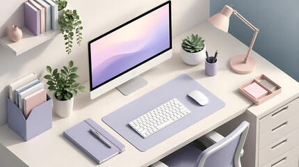 Fototapeta premium A comfortable home office workspace featuring a computer display and stationery accessories arranged neatly on a desk to encourage productivity for creative professionals working from their