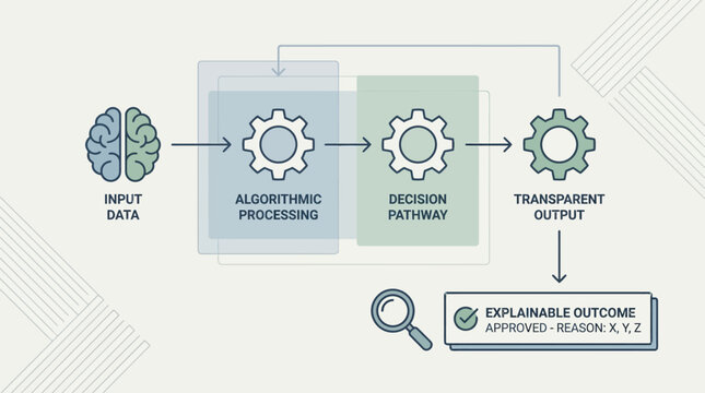 A brain processes input data through algorithmic steps to produce transparent output