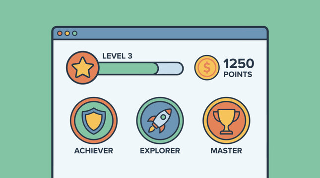 A computer screen displays a level 3 achievement dashboard with badges for Achiever, Explorer, and Master.