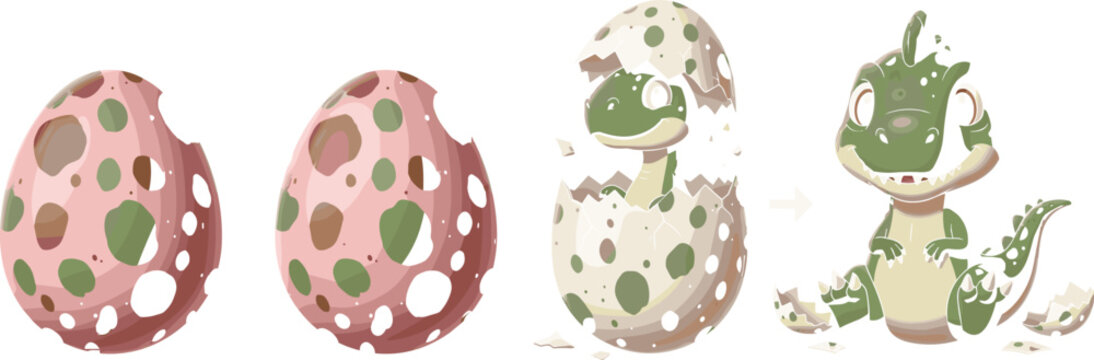 Cute baby dragon hatching from egg sequence illustrating fantasy creature birth, cartoon evolution stages, and playful vector illustration
