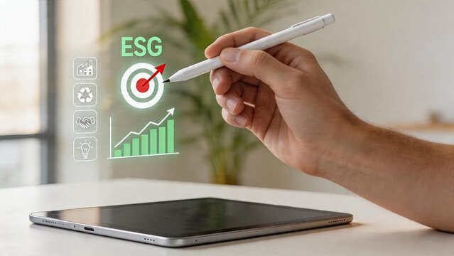 Business man drawing ESG concept holographic graph on digital tablet sustainable development target arrow pointing up social responsibility icons for environment recycling