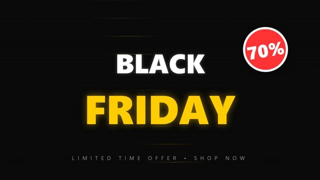 Black Friday sale advertisement with 70% discount on a dark background, promoting a limited-time offer to shop now.