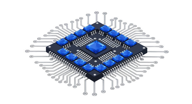An isometric view of a stylized computer chip with a central blue diamond and surrounding blue square components, featuring numerous pins extending outwards on a white background.