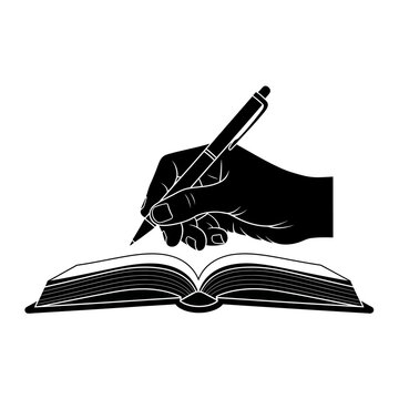 Hand writing with pen on open book silhouette