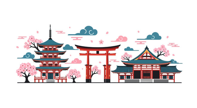 Japanese Temple Pagoda Torii Gate Cherry Blossom Landscape