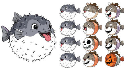 Cute cartoon puffer fish set with different expressions and textures illustrating ocean animals, marine life characters, and playful vector illustration collection © Rumi