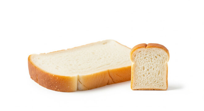Fresh white bread slices isolated on white background, soft sandwich bread loaf pieces, golden crust bakery product for breakfast and lunch