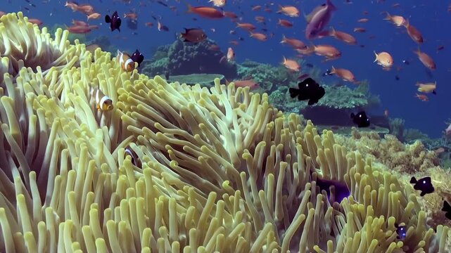 In shimmering Raja Ampat, Indonesia, a vibrant anemone pulsates. Clownfish playfully weave among its tentacles, seeking shelter as other fish swim nearby in the clear ocean.