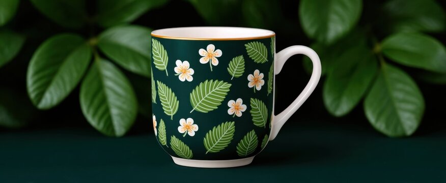 Cangkir kopi dengan desain daun hijau di latar belakang alami yang menyegarkan