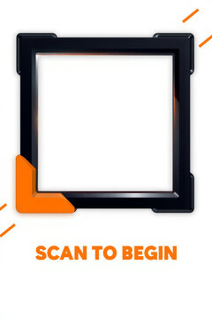 Modern QR Code Scan Frame with 'Scan to Begin' Text on White Background for Digital Interface