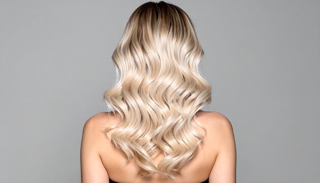 Rear view of a woman with long, wavy blonde hair against gray backdrop