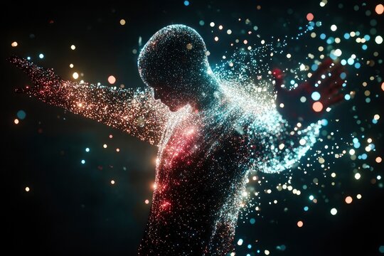 Dissolving human body into digital particles, virtual existence concept