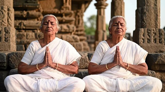 Two elderly Indian women meditating in a serene, ancient stone temple courtyard, practicing yoga and mindfulness with eyes closed and hands in prayer pose, embodying peace and spirituality