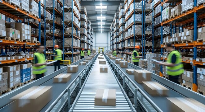 Busy warehouse workers in high vis vests moving packages on conveyor belts with tall shelving units