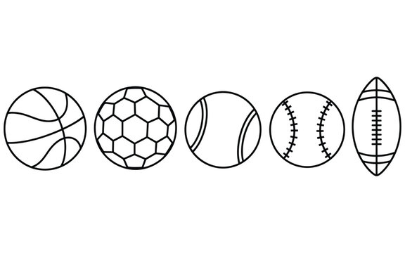 A collection of five sports balls including a basketball soccer ball cricket ball baseball and American football arranged in a line on a white background