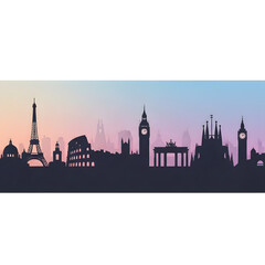 Naklejka premium A stunning cityscape silhouette at sunset featuring iconic landmarks from around the world