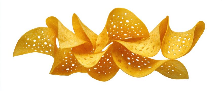 Golden poppadoms flying high hand-cut and isolated on a white background