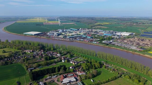Aerial view of Flixborough industrial estate situated next to the River Trent UK