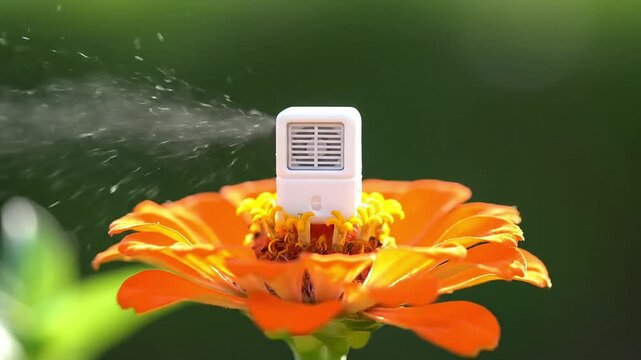 Portable mini water sprayer mister on orange flower petal garden sprinkler system