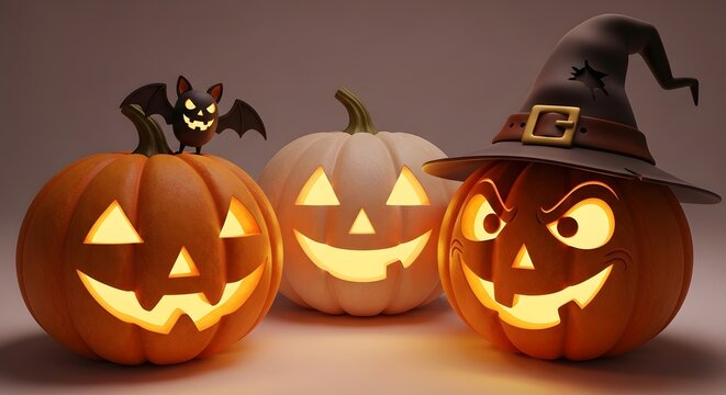 Three halloween pumpkins with carved faces and a small bat on a dark background