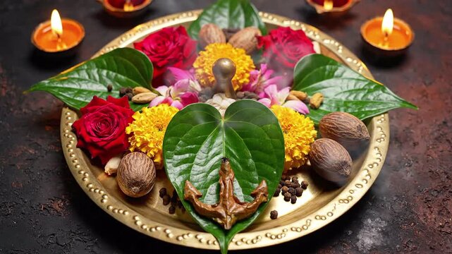 Decorated puja thali with flowers, betel leaves, nuts, and diyas, representing religious offerings and Indian festival traditions
